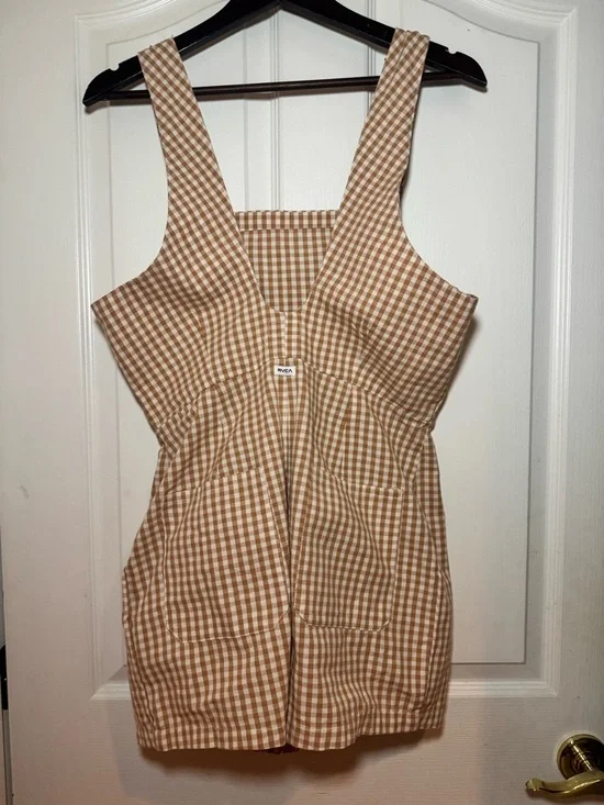 NWT RVCA Forager 100% Cotton Gingham Romper - Size L/12 - Sand/Tan White - Picture 12 of 13